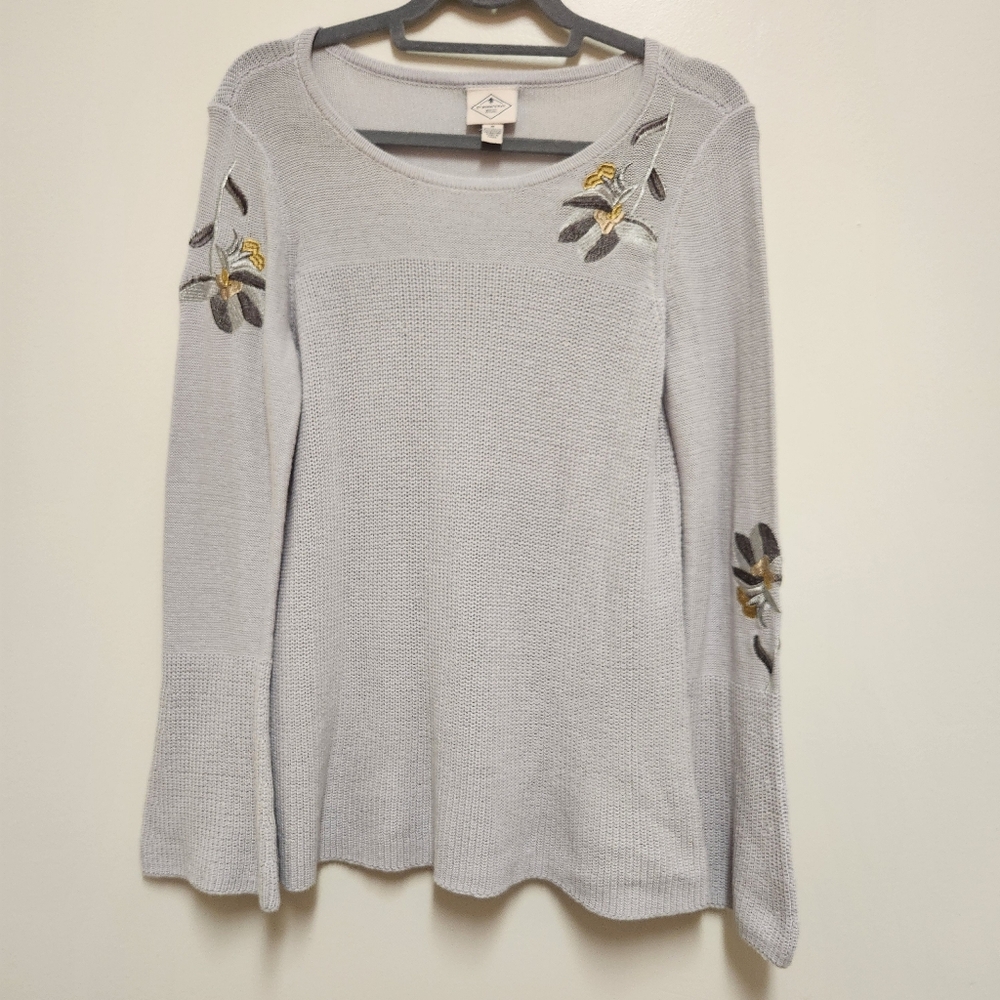 Womens Long Sleeve Floral Sweater Embroidered Medium Gray St Johns Bay